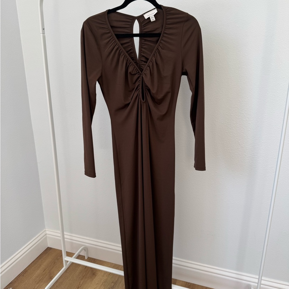 Topshop Chocolate Brown Ruched Maxi Dress